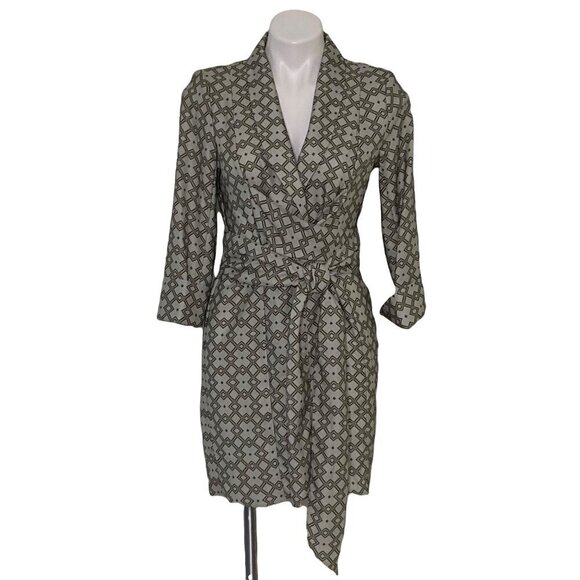 ASOS NWT Monogram Print Mini Tux Dress, Gray Khaki Cuffed Sleeves Women's 6 (US) - Picture 1 of 12